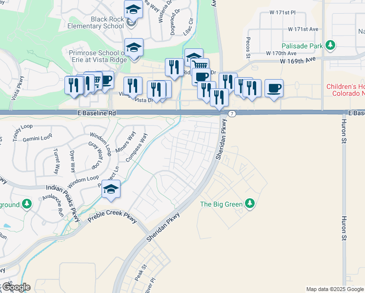 map of restaurants, bars, coffee shops, grocery stores, and more near 16682 Umatilla Street in Broomfield