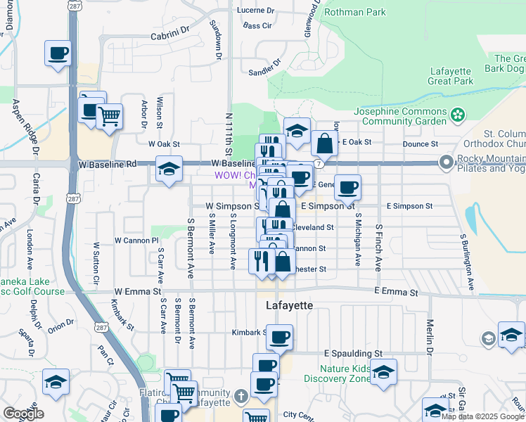map of restaurants, bars, coffee shops, grocery stores, and more near 116 South Roosevelt Avenue in Lafayette