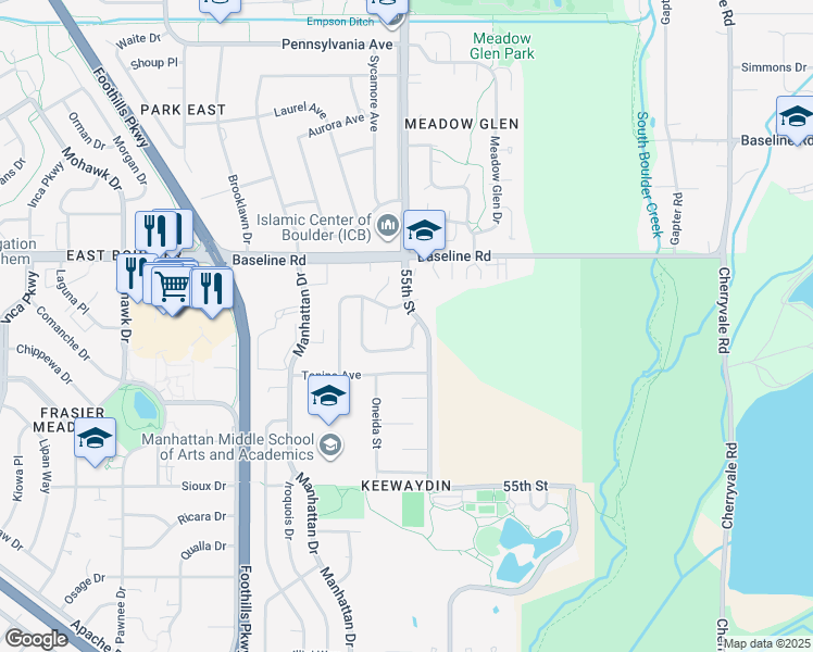 map of restaurants, bars, coffee shops, grocery stores, and more near 5476 Blackhawk Road in Boulder