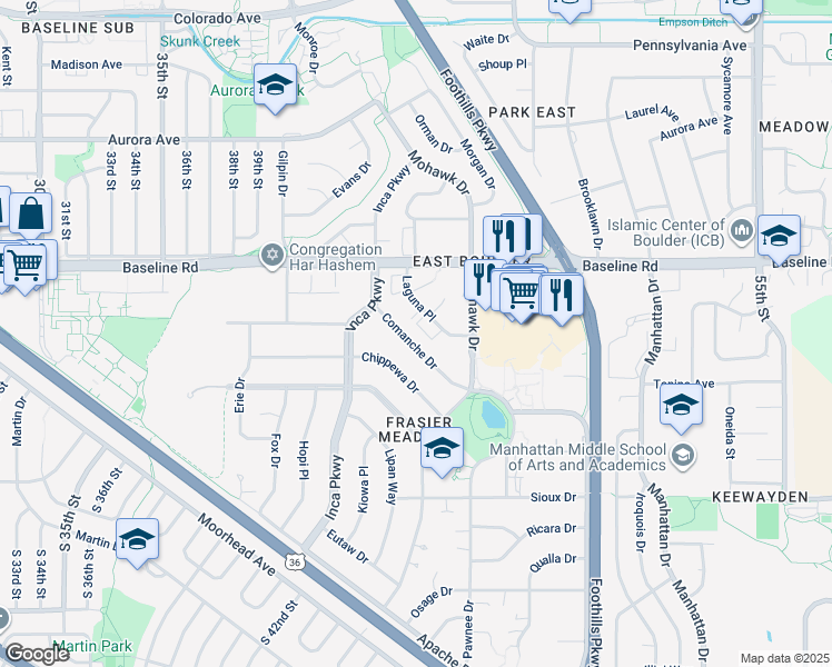 map of restaurants, bars, coffee shops, grocery stores, and more near 4430 Comanche Drive in Boulder