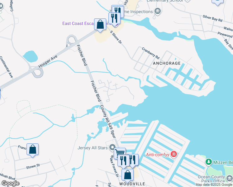 map of restaurants, bars, coffee shops, grocery stores, and more near 2018 Waters Edge Drive in Toms River