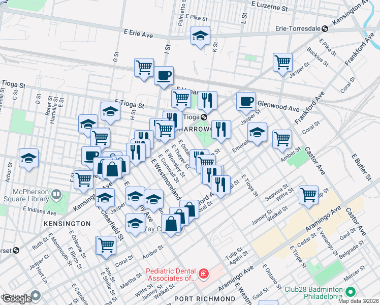 map of restaurants, bars, coffee shops, grocery stores, and more near 1856 East Ontario Street in Philadelphia