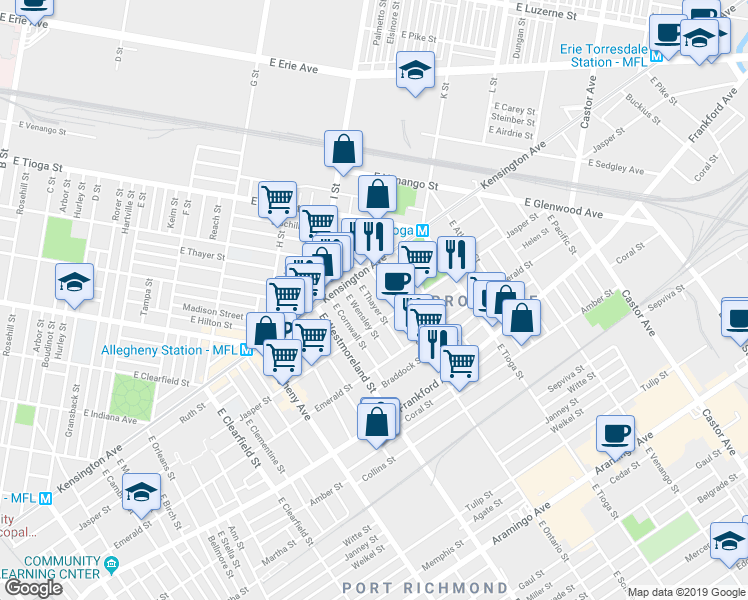 map of restaurants, bars, coffee shops, grocery stores, and more near 1856 East Ontario Street in Philadelphia