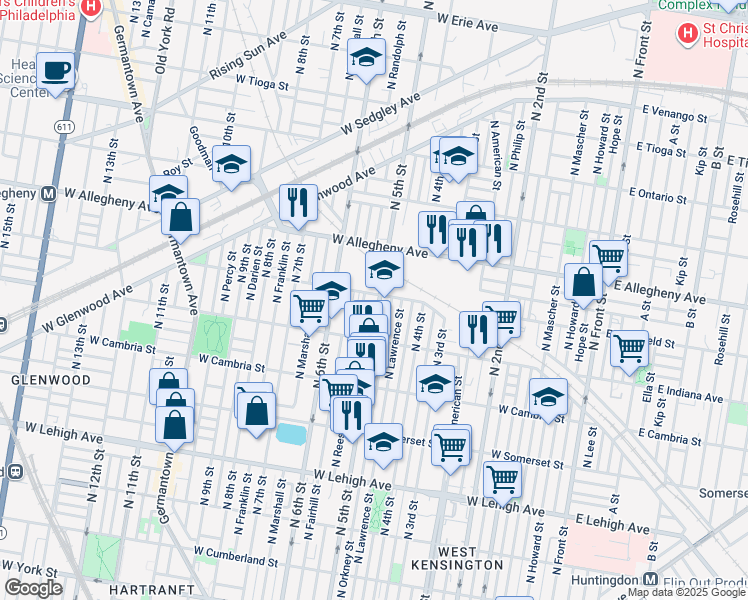 map of restaurants, bars, coffee shops, grocery stores, and more near 3056 North 5th Street in Philadelphia