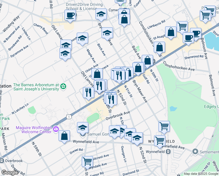 map of restaurants, bars, coffee shops, grocery stores, and more near 5200 City Avenue in Philadelphia