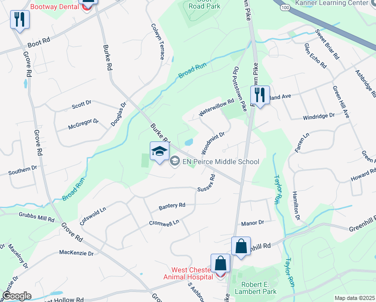 map of restaurants, bars, coffee shops, grocery stores, and more near 1329 Burke Road in West Chester