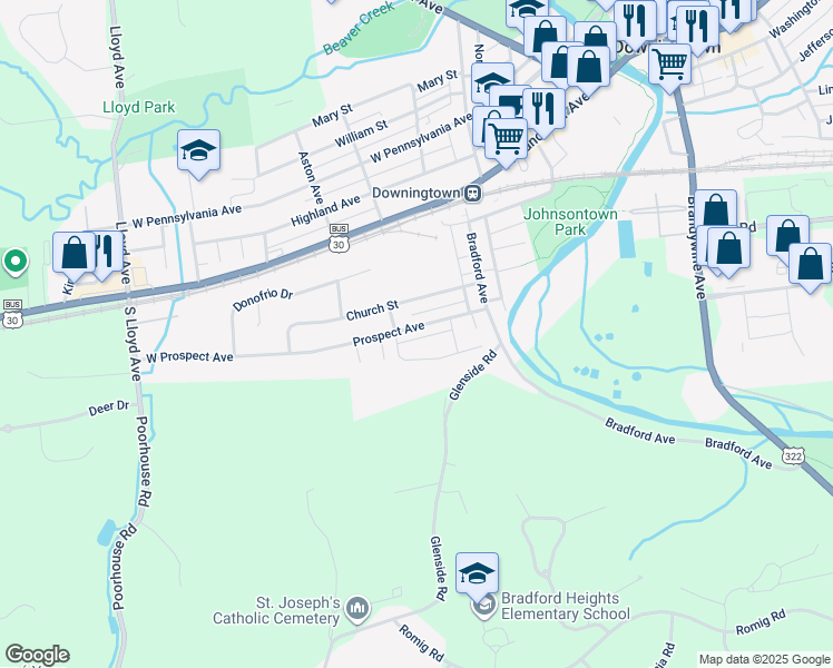 map of restaurants, bars, coffee shops, grocery stores, and more near 127 Abramo Victor Drive in Downingtown