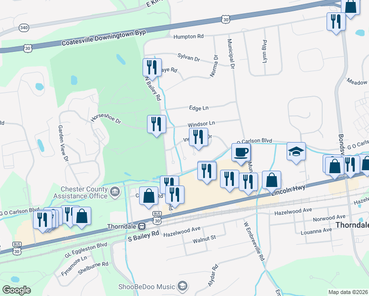 map of restaurants, bars, coffee shops, grocery stores, and more near 17 Courtney Lane in Thorndale