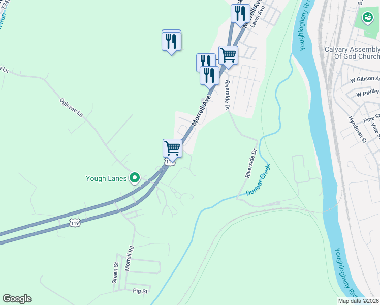 map of restaurants, bars, coffee shops, grocery stores, and more near 1701-1721 University Drive in Connellsville