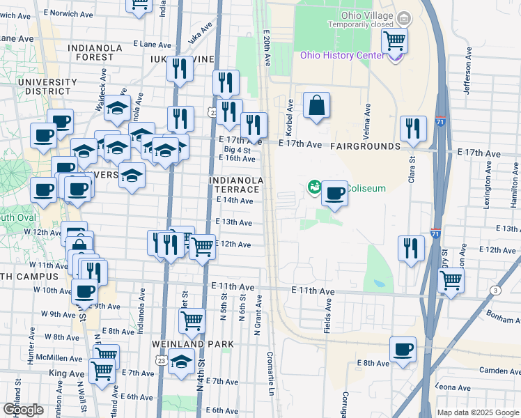 map of restaurants, bars, coffee shops, grocery stores, and more near 430 Big 4 Street in Columbus