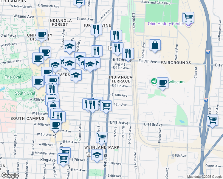 map of restaurants, bars, coffee shops, grocery stores, and more near 350 East 13th Avenue in Columbus