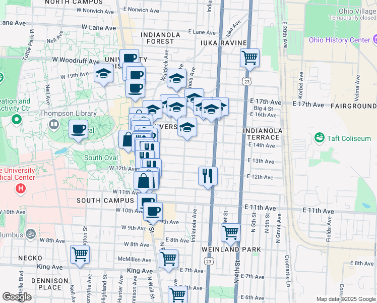 map of restaurants, bars, coffee shops, grocery stores, and more near 127 East 13th Avenue in Columbus
