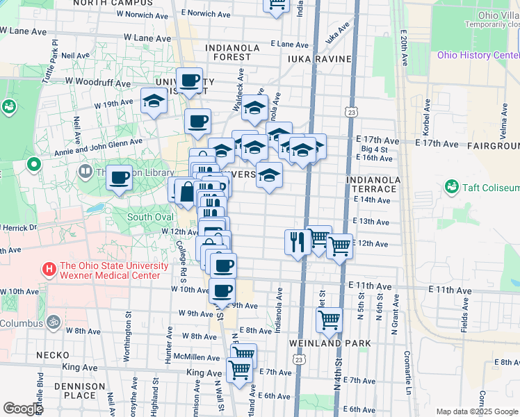map of restaurants, bars, coffee shops, grocery stores, and more near 127 East 13th Avenue in Columbus