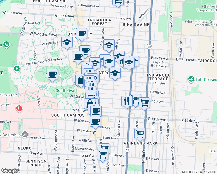 map of restaurants, bars, coffee shops, grocery stores, and more near 127 East 13th Avenue in Columbus