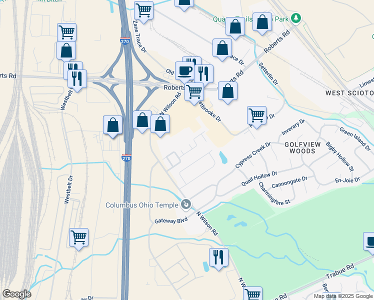 map of restaurants, bars, coffee shops, grocery stores, and more near 3859 Habitat Drive in Columbus