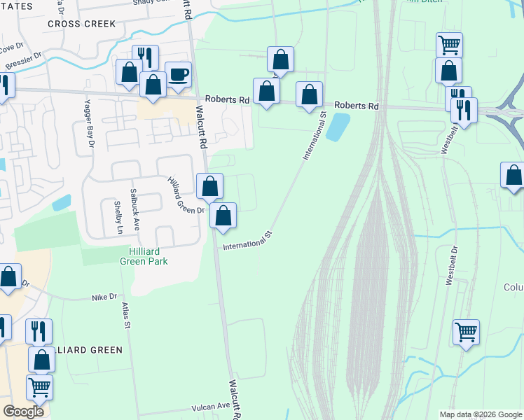 map of restaurants, bars, coffee shops, grocery stores, and more near 2216 International Street in Columbus