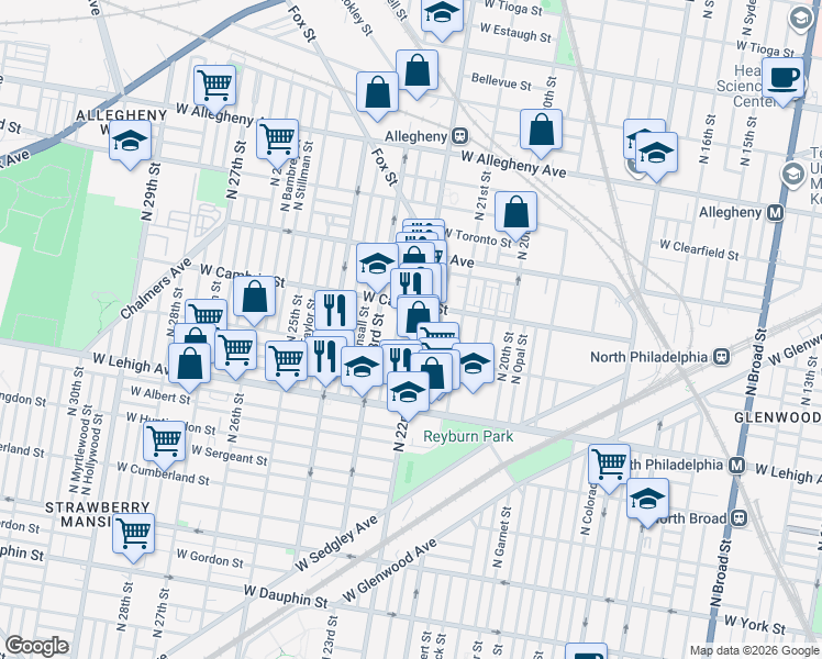 map of restaurants, bars, coffee shops, grocery stores, and more near 2225 West Somerset Street in Philadelphia