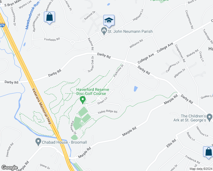 map of restaurants, bars, coffee shops, grocery stores, and more near 2500 Parkview Drive in Haverford
