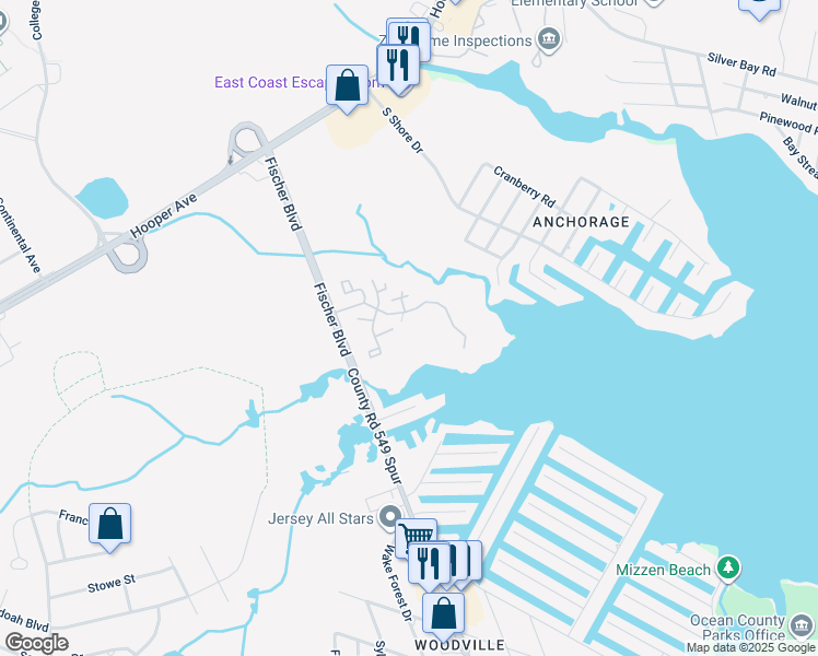 map of restaurants, bars, coffee shops, grocery stores, and more near 1916 Waters Edge Drive in Toms River