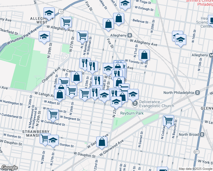 map of restaurants, bars, coffee shops, grocery stores, and more near 2820 North 23rd Street in Philadelphia