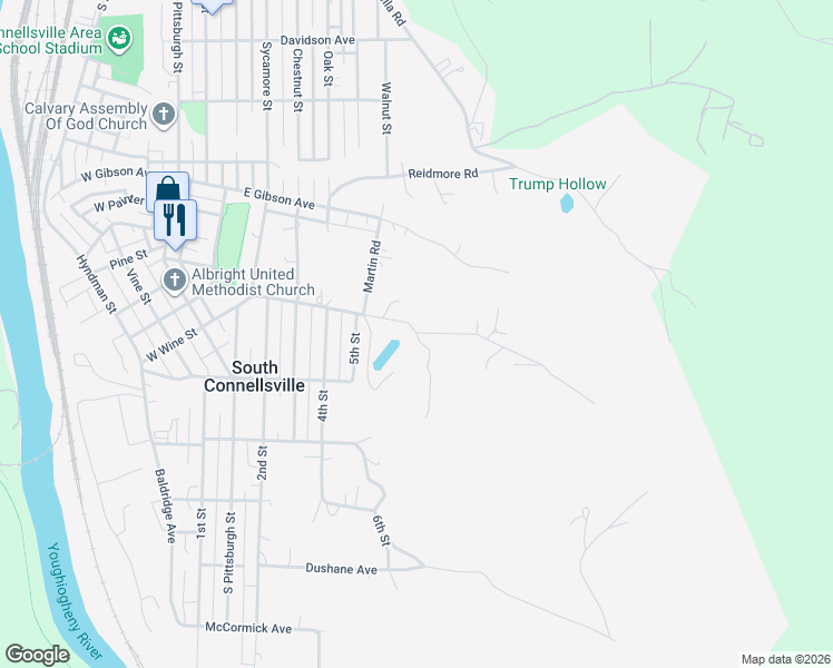map of restaurants, bars, coffee shops, grocery stores, and more near 753 Clay Rd in Connellsville