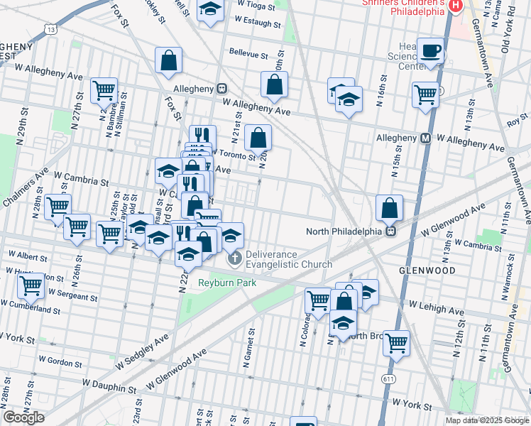 map of restaurants, bars, coffee shops, grocery stores, and more near 2863 North Opal Street in Philadelphia