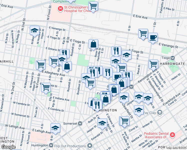 map of restaurants, bars, coffee shops, grocery stores, and more near 3215 Rorer Street in Philadelphia