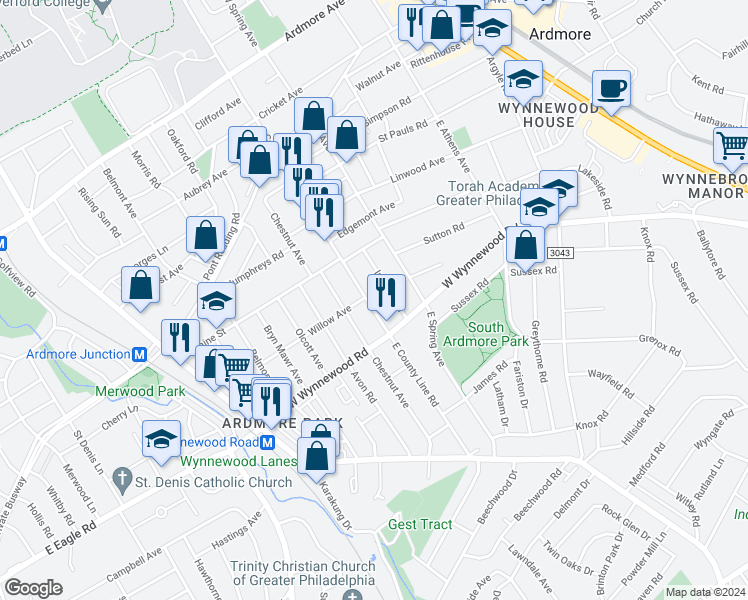 map of restaurants, bars, coffee shops, grocery stores, and more near 345 East County Line Road in Ardmore
