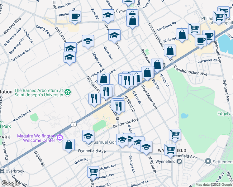 map of restaurants, bars, coffee shops, grocery stores, and more near 1 Oakland Terrace in Bala Cynwyd