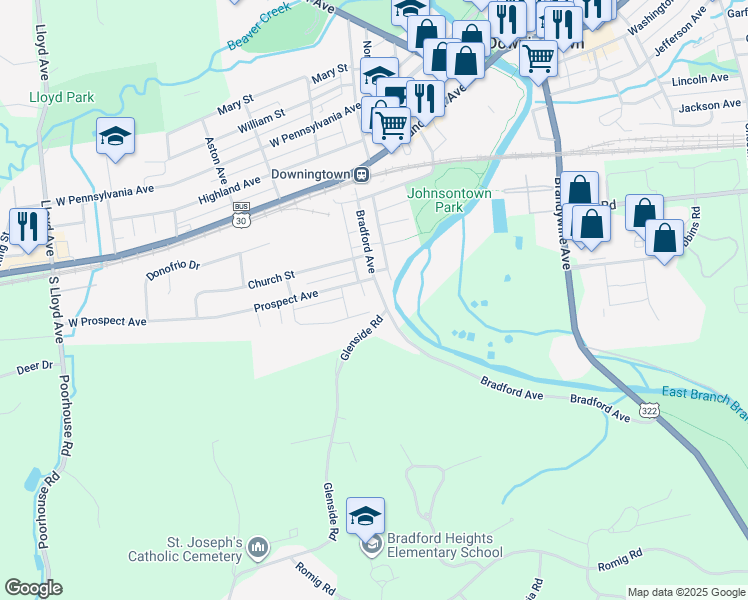 map of restaurants, bars, coffee shops, grocery stores, and more near 318 Bradford Avenue in Downingtown
