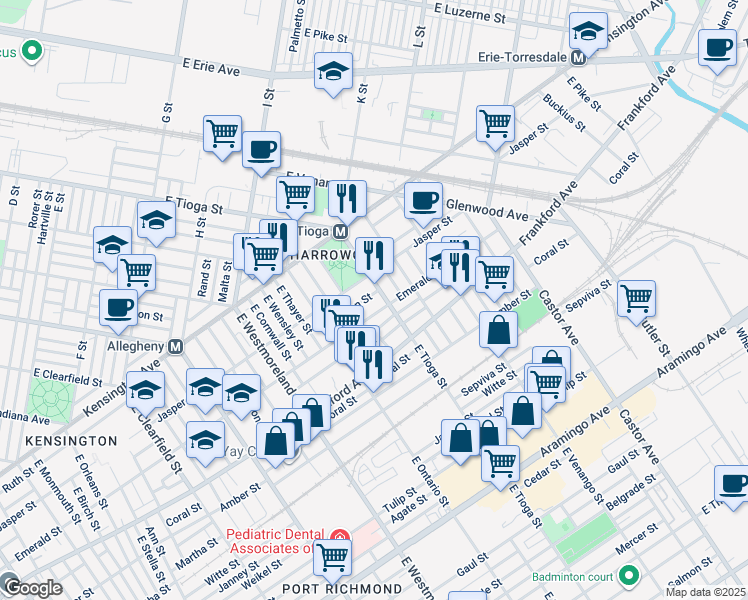 map of restaurants, bars, coffee shops, grocery stores, and more near 3483 Helen Street in Philadelphia