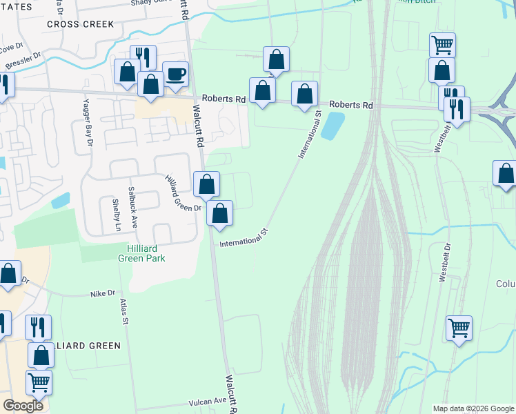 map of restaurants, bars, coffee shops, grocery stores, and more near 2216 International Street in Columbus