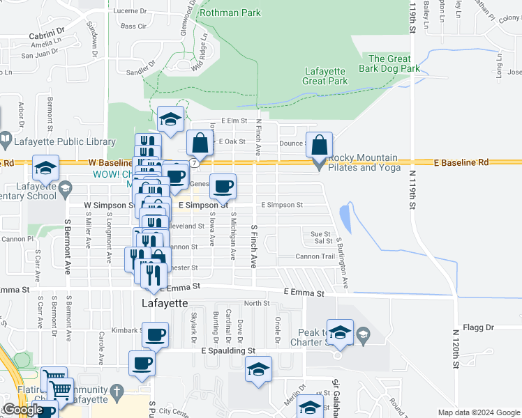 map of restaurants, bars, coffee shops, grocery stores, and more near 602 East Simpson Street in Lafayette