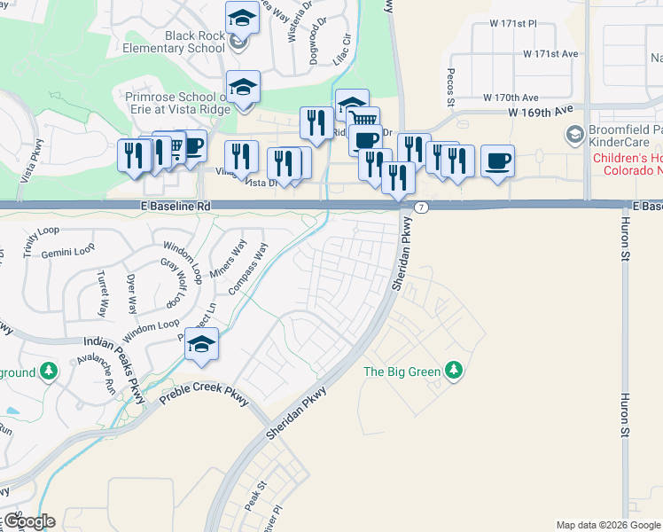 map of restaurants, bars, coffee shops, grocery stores, and more near 16682 Umatilla Street in Broomfield