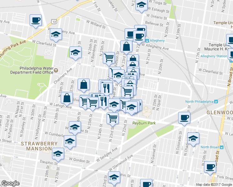 map of restaurants, bars, coffee shops, grocery stores, and more near 2822 North 23rd Street in Philadelphia