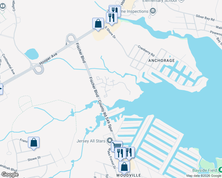 map of restaurants, bars, coffee shops, grocery stores, and more near 1815 Waters Edge Drive in Toms River