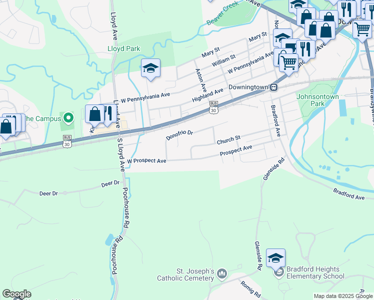 map of restaurants, bars, coffee shops, grocery stores, and more near 433 Church Street in Downingtown