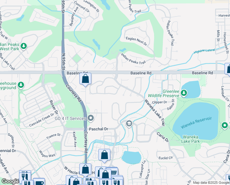 map of restaurants, bars, coffee shops, grocery stores, and more near 2339 High Lonesome Trail in Lafayette