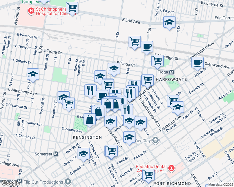 map of restaurants, bars, coffee shops, grocery stores, and more near 842 East Westmoreland Street in Philadelphia