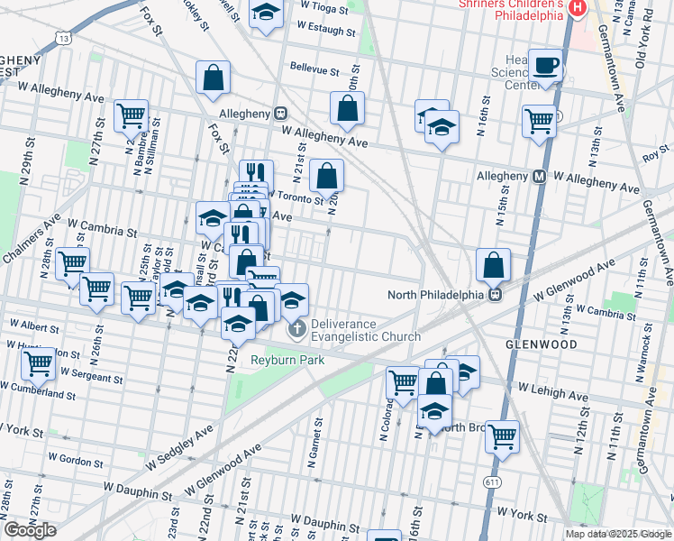 map of restaurants, bars, coffee shops, grocery stores, and more near 2865 North Opal Street in Philadelphia