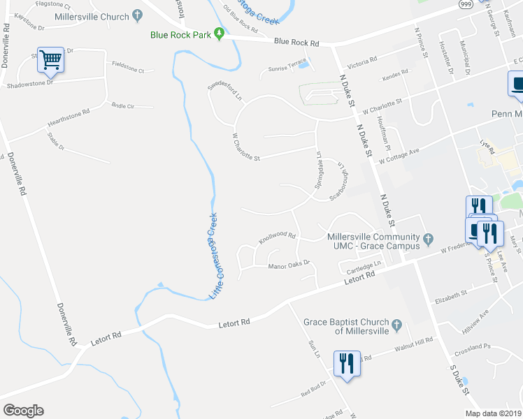 map of restaurants, bars, coffee shops, grocery stores, and more near 183 Springdale Lane in Millersville