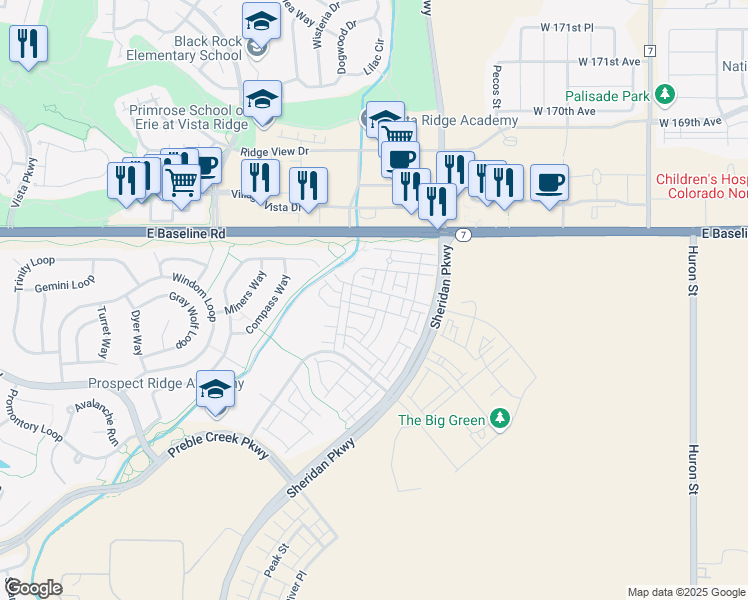 map of restaurants, bars, coffee shops, grocery stores, and more near 16705 Sheridan Parkway in Broomfield