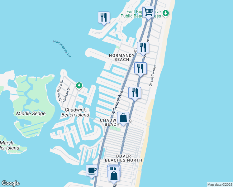 map of restaurants, bars, coffee shops, grocery stores, and more near 140 Marshmallow Road in Lavallette