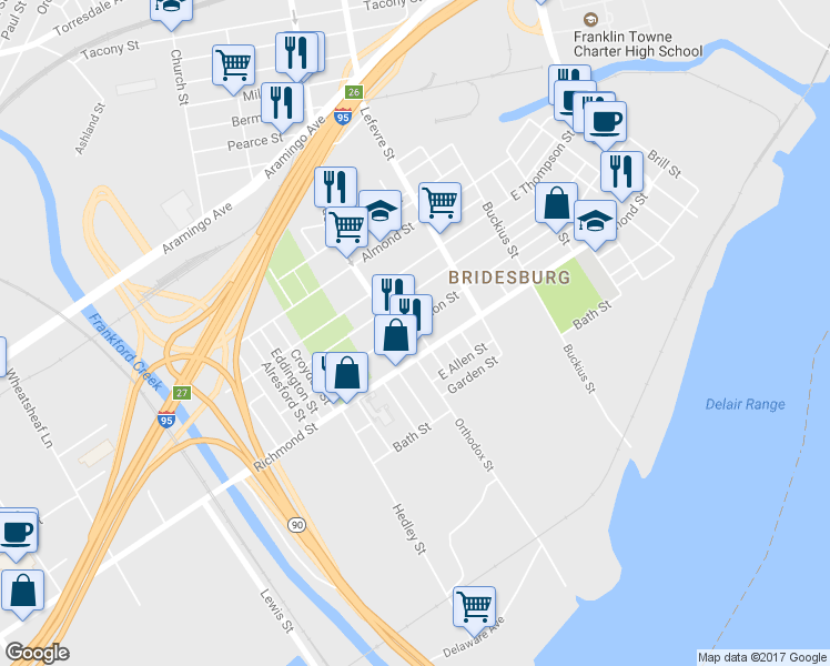 map of restaurants, bars, coffee shops, grocery stores, and more near 2744 Plum Street in Philadelphia