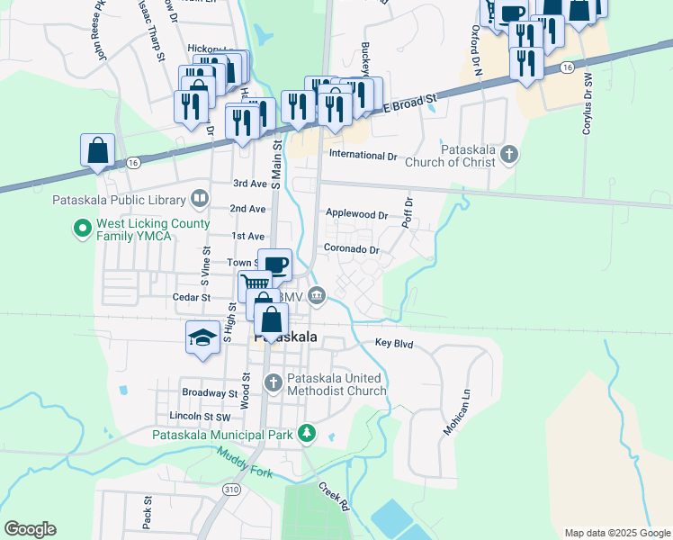 map of restaurants, bars, coffee shops, grocery stores, and more near 88 Coors Boulevard in Pataskala