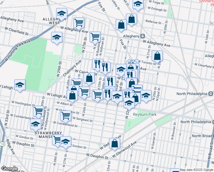map of restaurants, bars, coffee shops, grocery stores, and more near 2763 North Ringgold Street in Philadelphia
