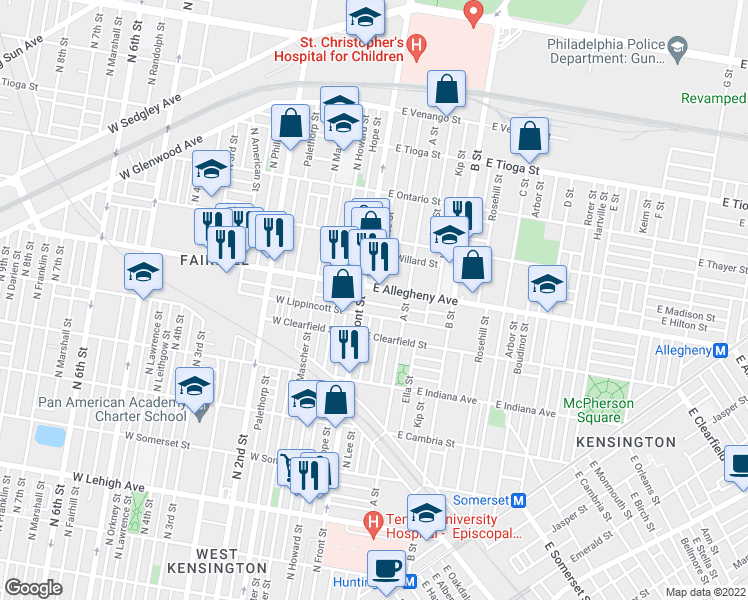 map of restaurants, bars, coffee shops, grocery stores, and more near 117 East Wishart Street in Philadelphia