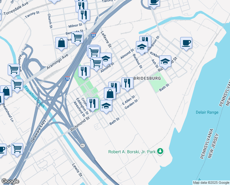 map of restaurants, bars, coffee shops, grocery stores, and more near 2744 Plum Street in Philadelphia