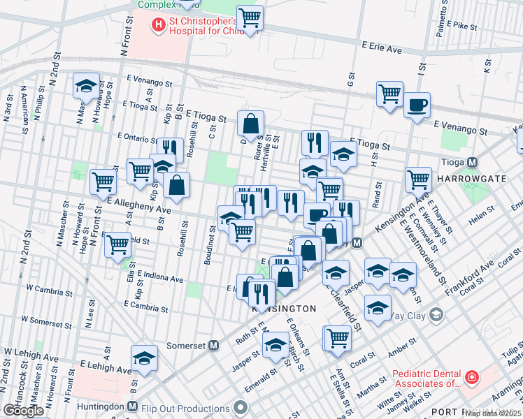 map of restaurants, bars, coffee shops, grocery stores, and more near 3218 E Street in Philadelphia