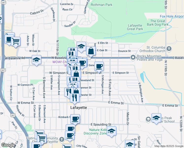 map of restaurants, bars, coffee shops, grocery stores, and more near 311 East Cleveland Street in Lafayette